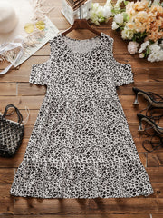  Leopard Print Cold Shoulder Round Neck Smock Dress
