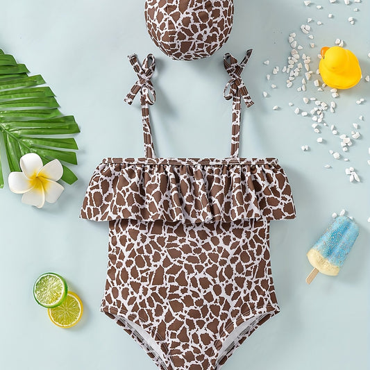 Leopard Bow Spaghetti Strap Swimsuit for Girls