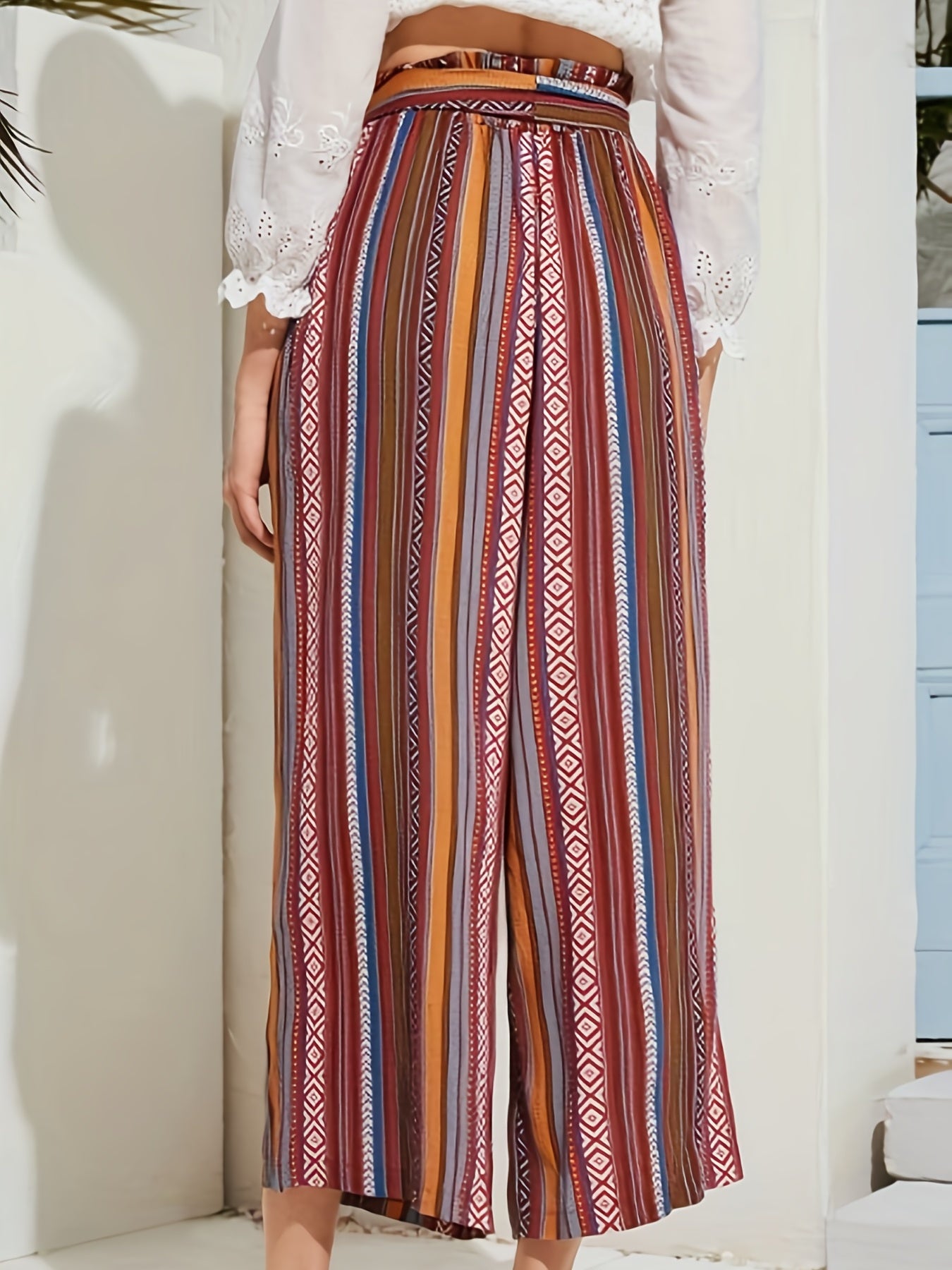  Patchwork Print Wide Leg Trousers with Belt