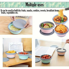 3pcs Silicone Foldable Lunch Box Set with Lid Portable Camping Bowl Picnic Salad