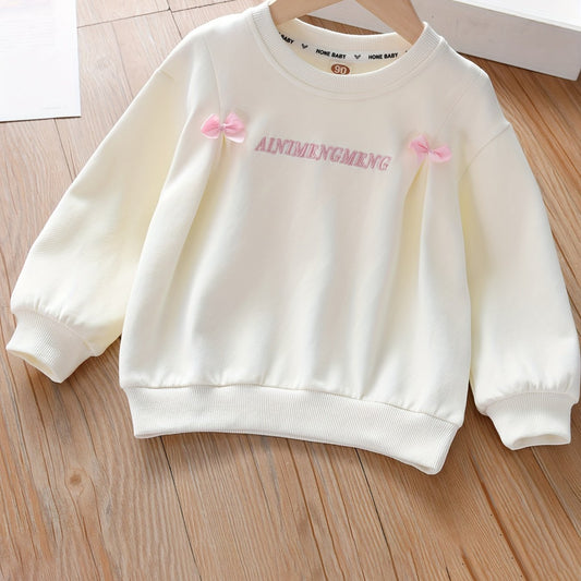 Girls Bow Monogram Embroidery Graphic Sweatshirt Long Sleeve Pullover