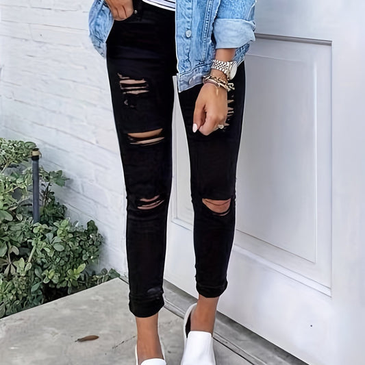 Ripped Holes Skinny Jeans Slim Fit Slash Pockets Slight Stretch Casual Denim Pan
