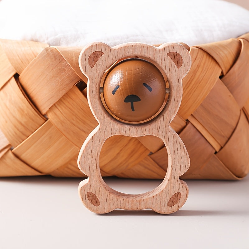 Wooden Bear Rattle for Babies Face Changing Cartoon Toy