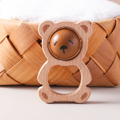 Wooden Bear Rattle for Babies Face Changing Cartoon Toy