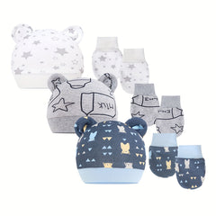Baby Boys Casual Cartoon Pattern Cap With Bear Ear Decor & Mittens Set
