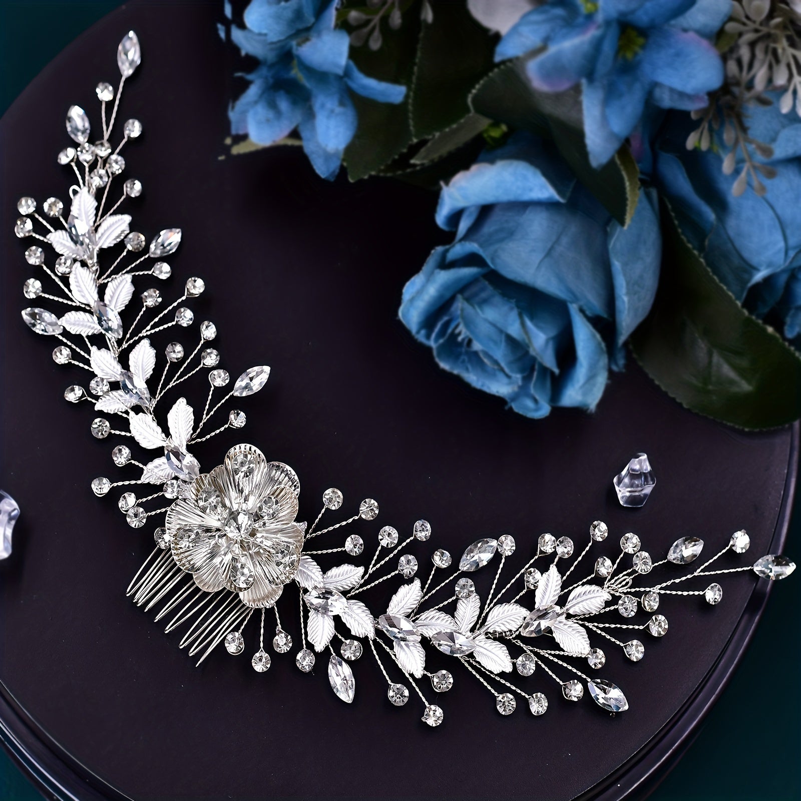Bride Rhinestone Leaf Headwear Silvery Alloy Flower Hair Comb Wedding Party