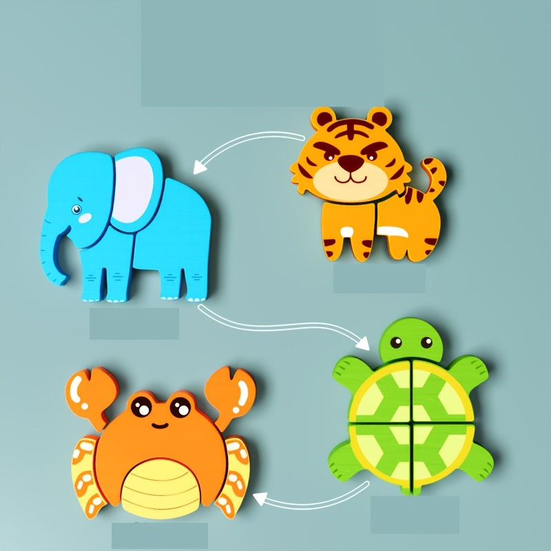 2pcs Wooden Animal Puzzles for Kids - Educational Shapes with Bright Colors