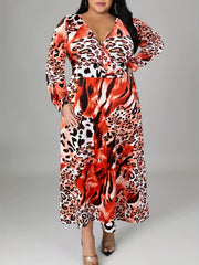  Colorblock Leopard Print Long Sleeve Maxi Dress