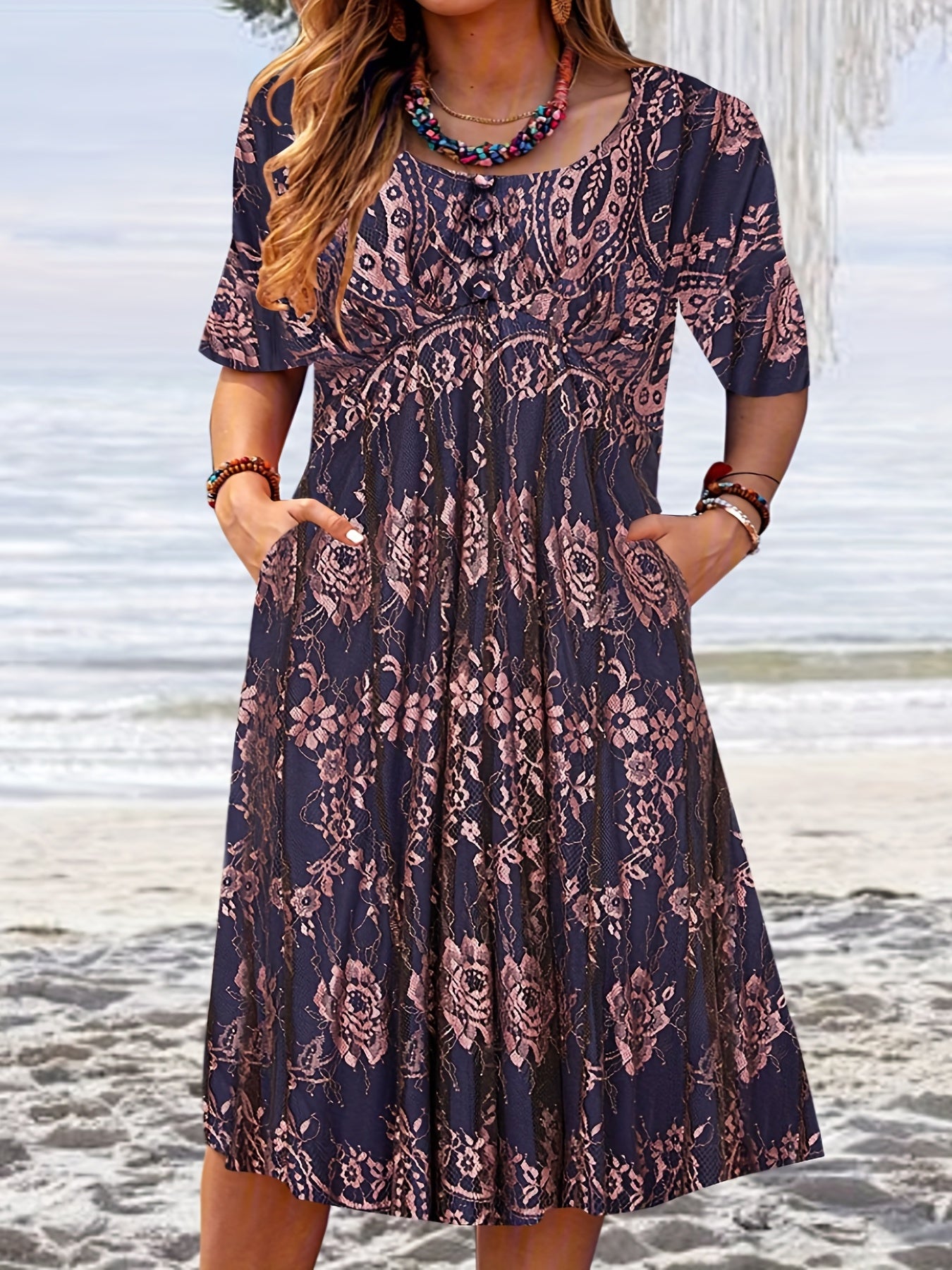  Boho Dress Floral Print Short Sleeve Loose Fit Dress With Pockets