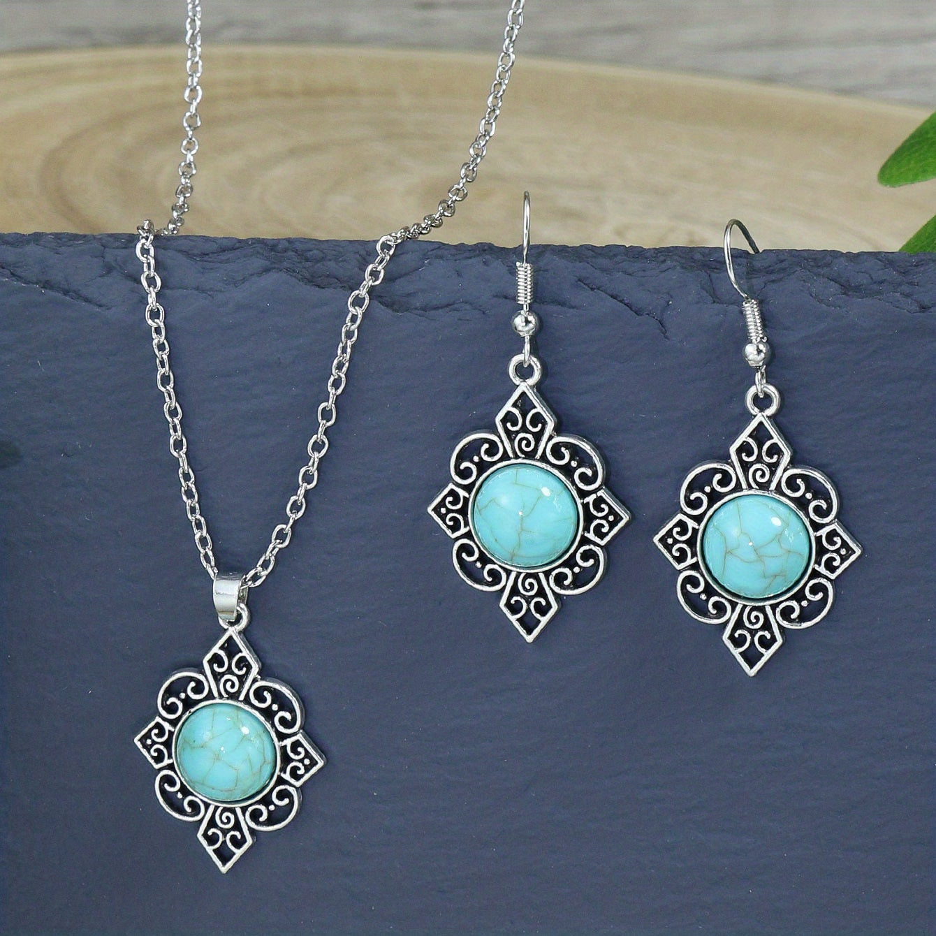 Bohemian Turquoise Inlaid Rhinestones Water Drop Earrings Necklace Set