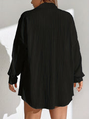  Solid Crinkle Button Up Long Sleeve Blouse