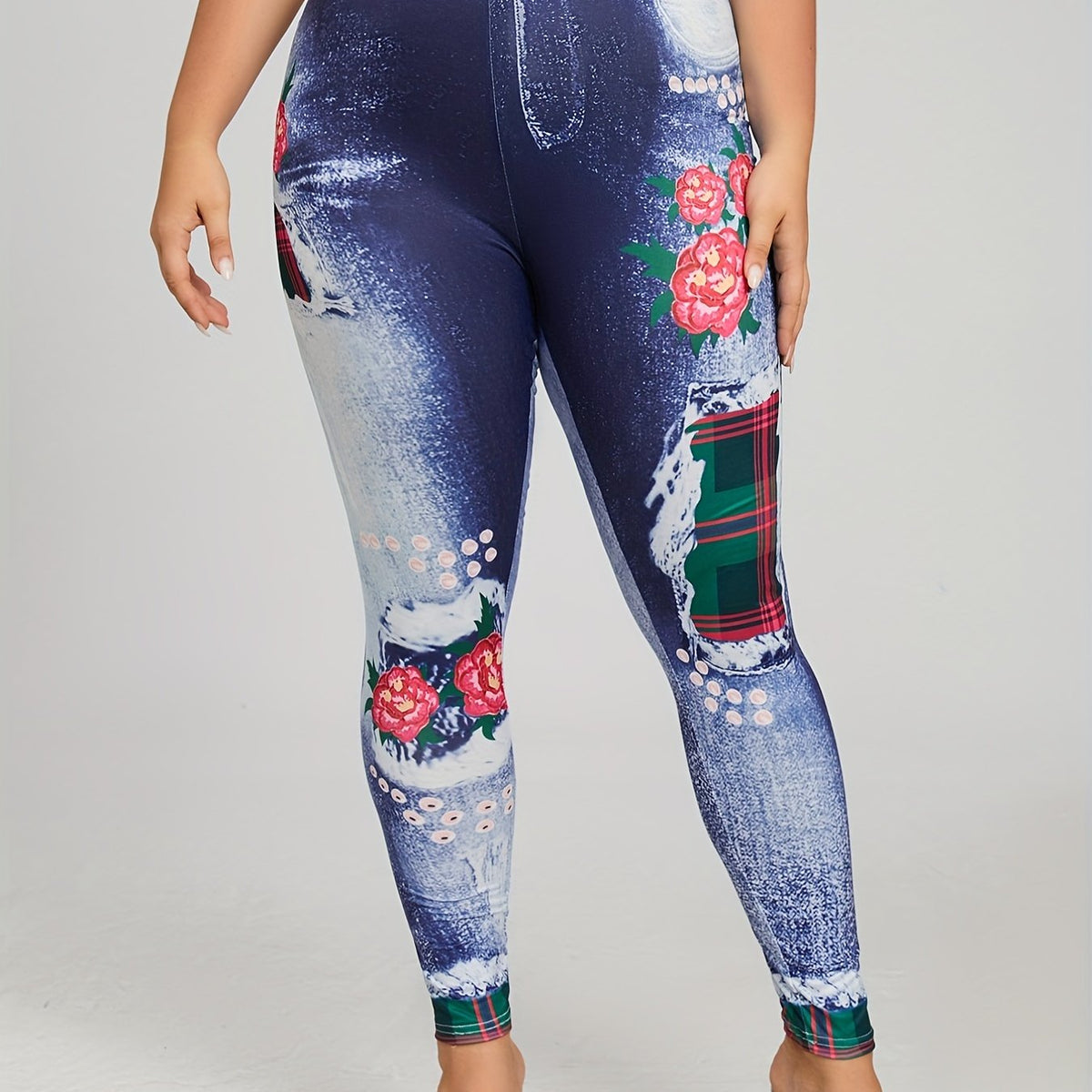 Denim & Plaid Print Skinny Leggings