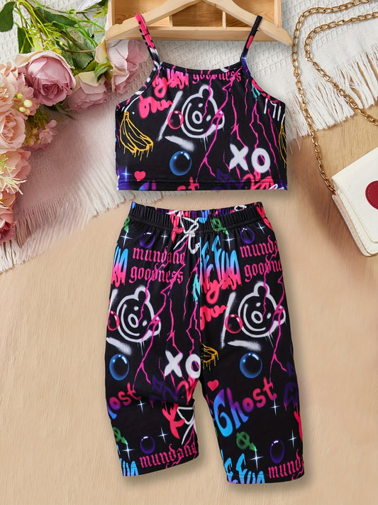 Girls Colorful Bear Tank Top and Long Pants Set