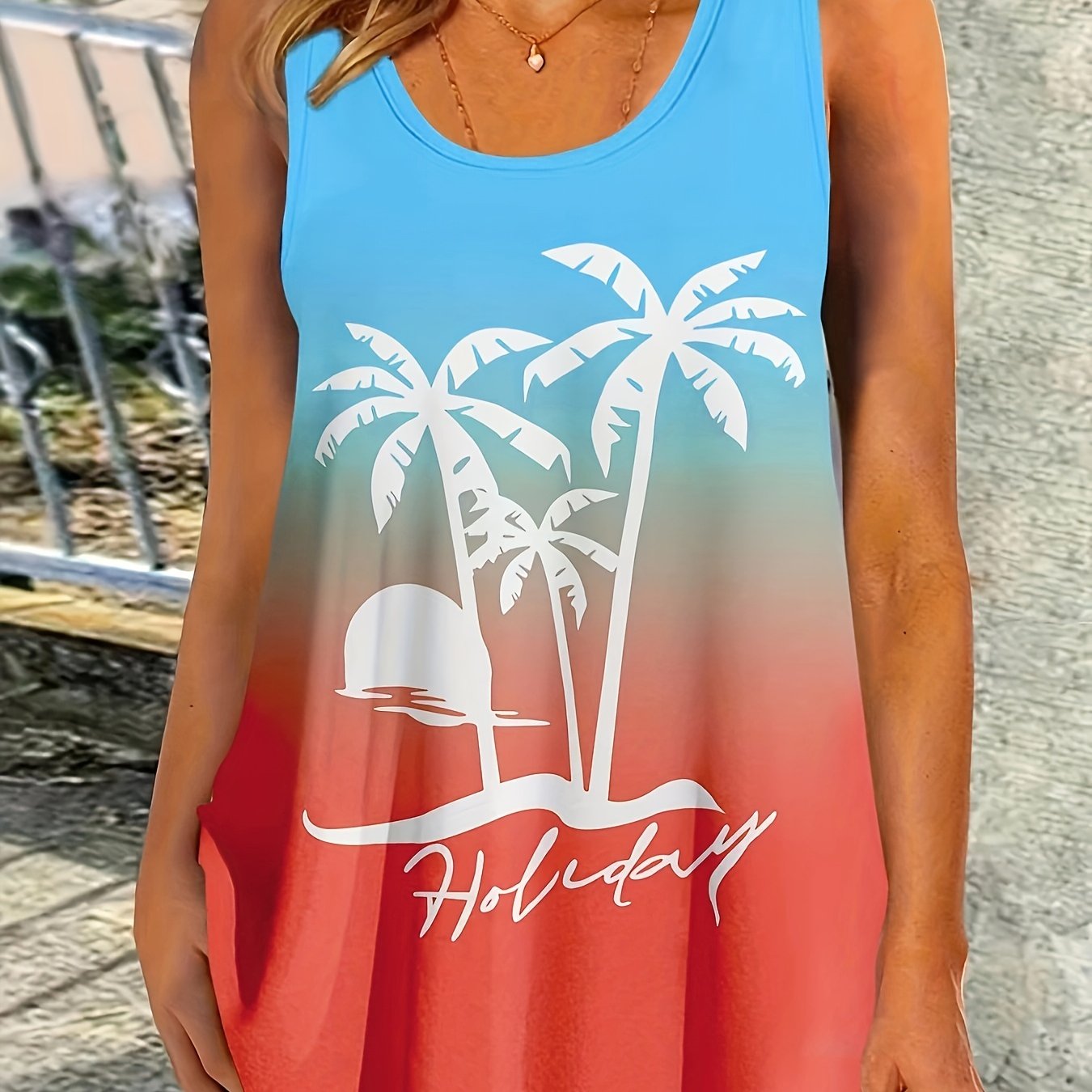 Coconut Tree Print Tank Top Gradient Summer Sleeveless Top