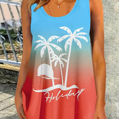 Coconut Tree Print Tank Top Gradient Summer Sleeveless Top