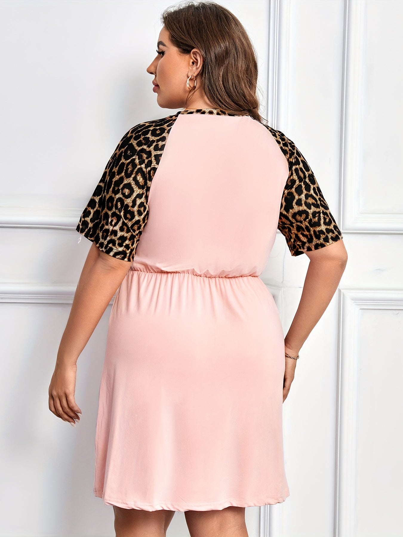 Colorblock Leopard Print Short Sleeve Dress