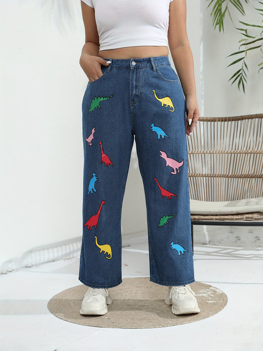 Plus Size Women's Dinosaur Print Wide Leg Jeans