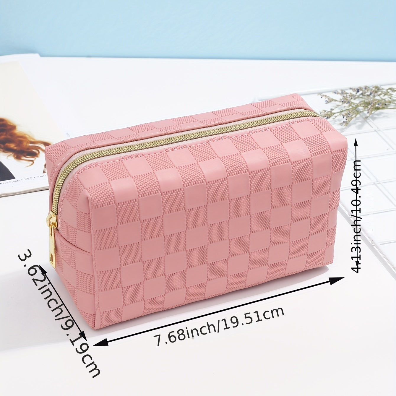 Checkered Pattern Cosmetic Bag For Women Zipper Makeup Bag Travel Toiletry Bag