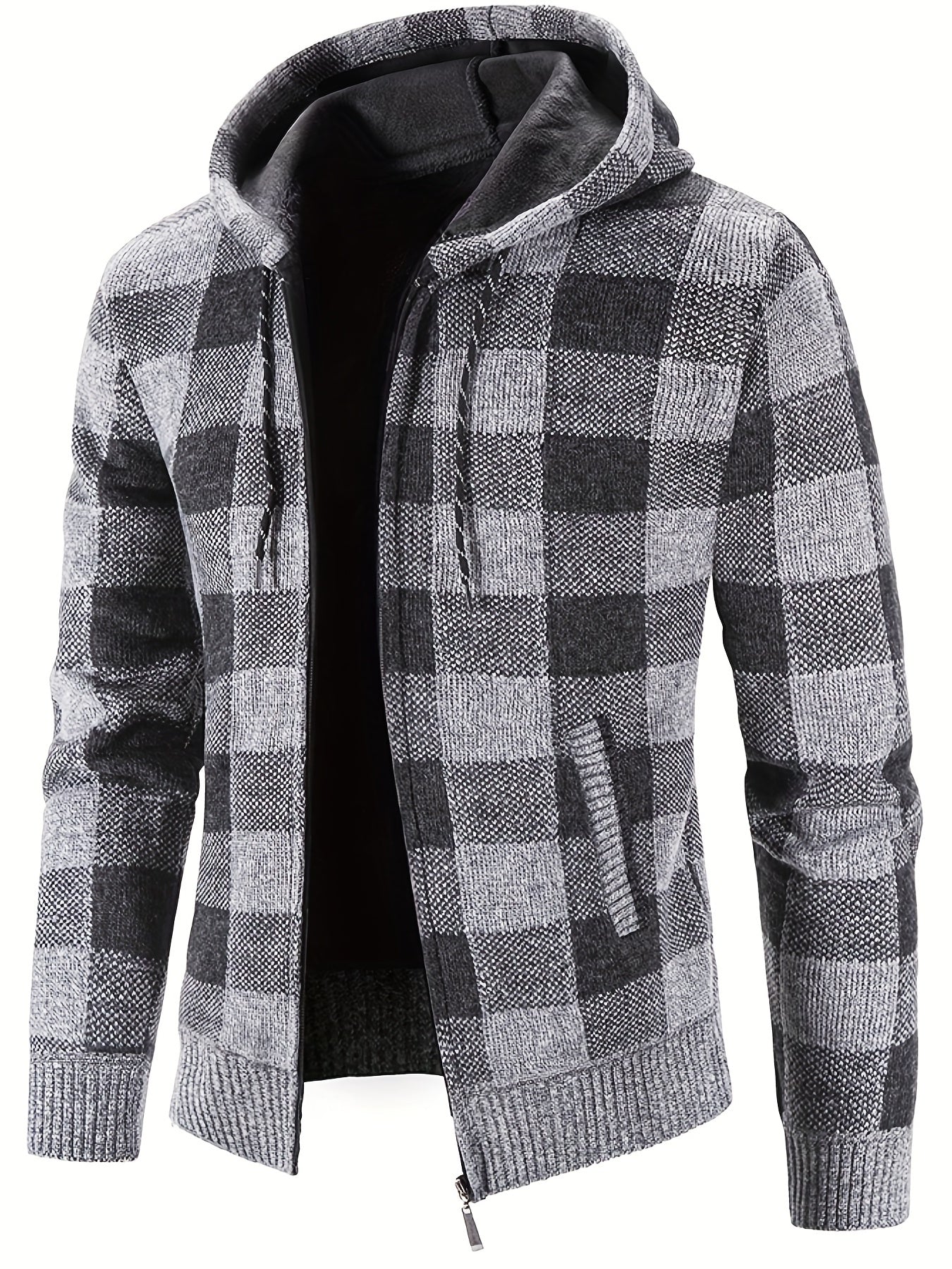 Men's Full Zip Up Casual Hooded Cardigan Plaid Sweater Jacket