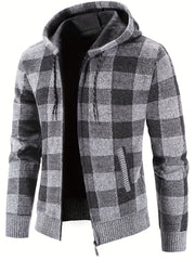 Men's Full Zip Up Casual Hooded Cardigan Plaid Sweater Jacket