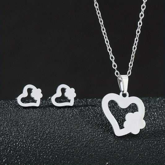 Stainless Steel Butterfly Flower Heart Stud Earrings & Necklace Set