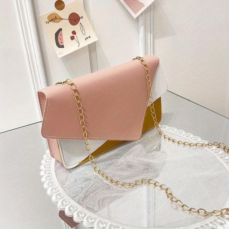 Colorblock Square Shoulder Bag with Flap Chain, Women's Work Purse