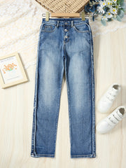 Girls' Raw Cut Skinny Jeans Stretchy Casual Street Tight Fit Denim Trousers