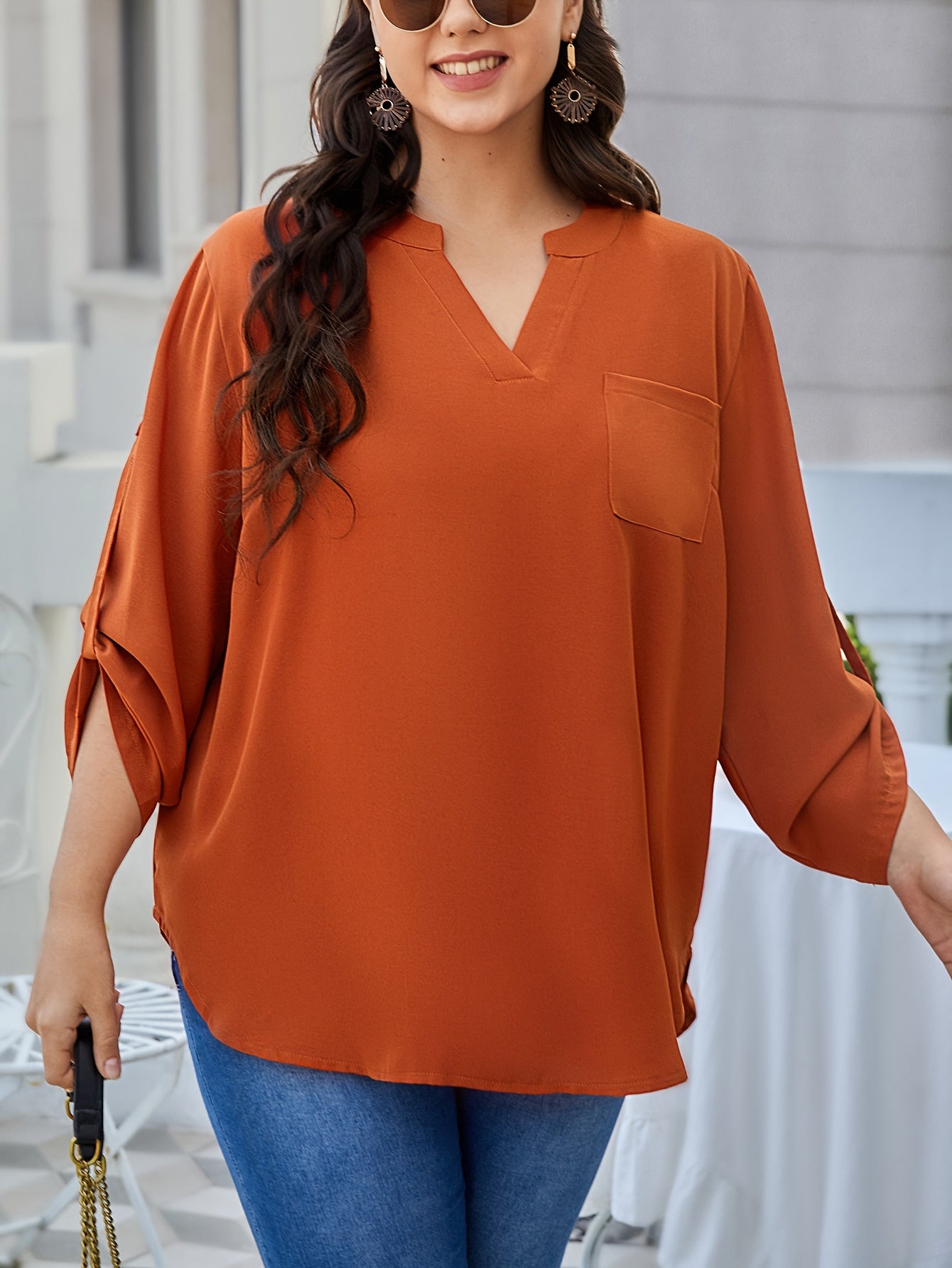  Casual Blouse Womens Solid Roll Up Long Sleeve