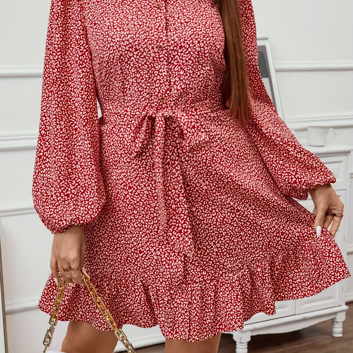  Leopard Print Lantern Sleeve Mock Neck Ruffle Trim Mini Dress