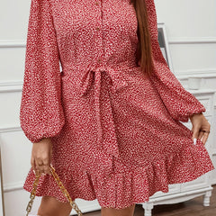  Leopard Print Lantern Sleeve Mock Neck Ruffle Trim Mini Dress