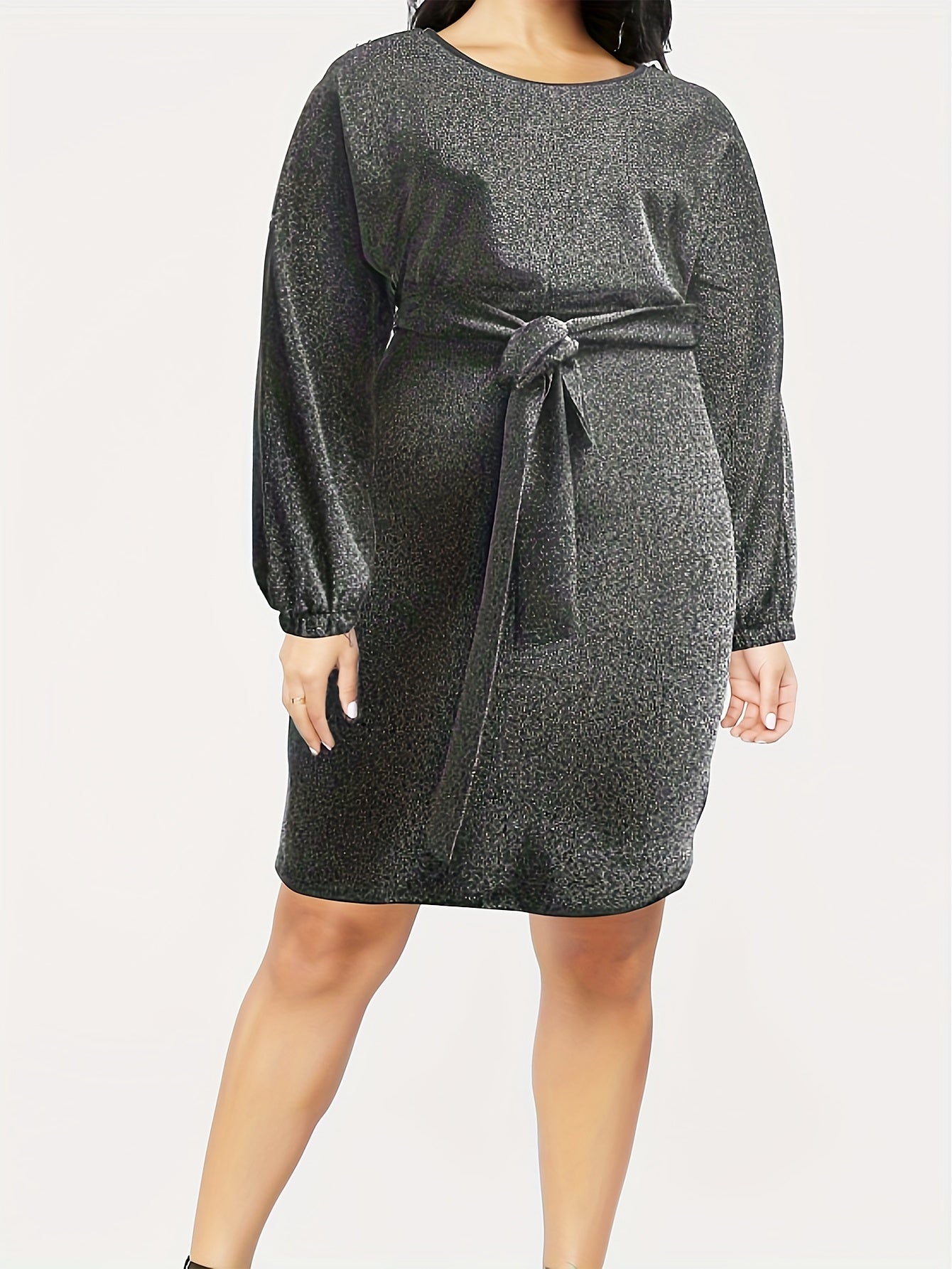  Shinny Lantern Sleeve Round Neck Mini Dress With Belt