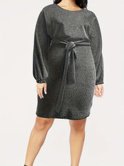  Shinny Lantern Sleeve Round Neck Mini Dress With Belt