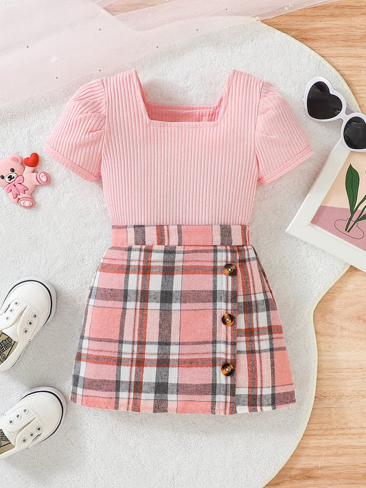 Toddler Girl Summer Clothes Set Ruffled Tee Plaid Skirt