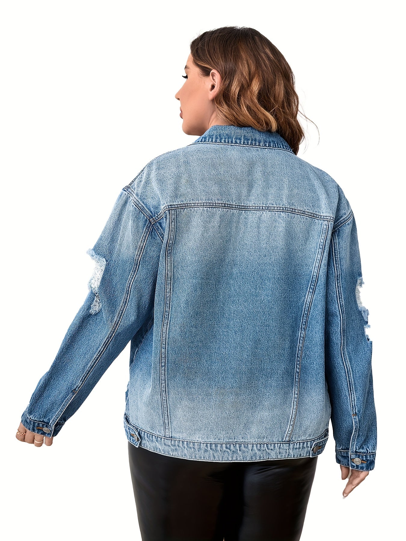  Casual Denim Top Women's Plus Washed Long Sleeve Button Up Jacket