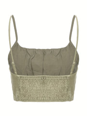 Solid Pleated Crop Cami Top Shirred Back