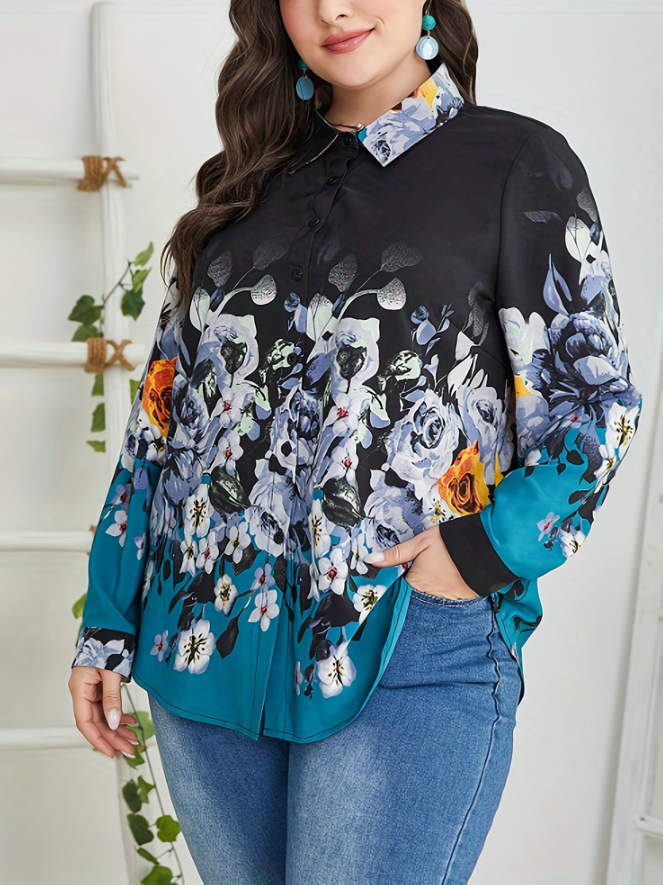  Floral Print Boho Blouse Long Sleeve Button Up Shirt Top