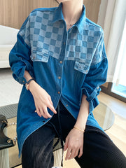  Colorblock Checker Print Denim Shacket