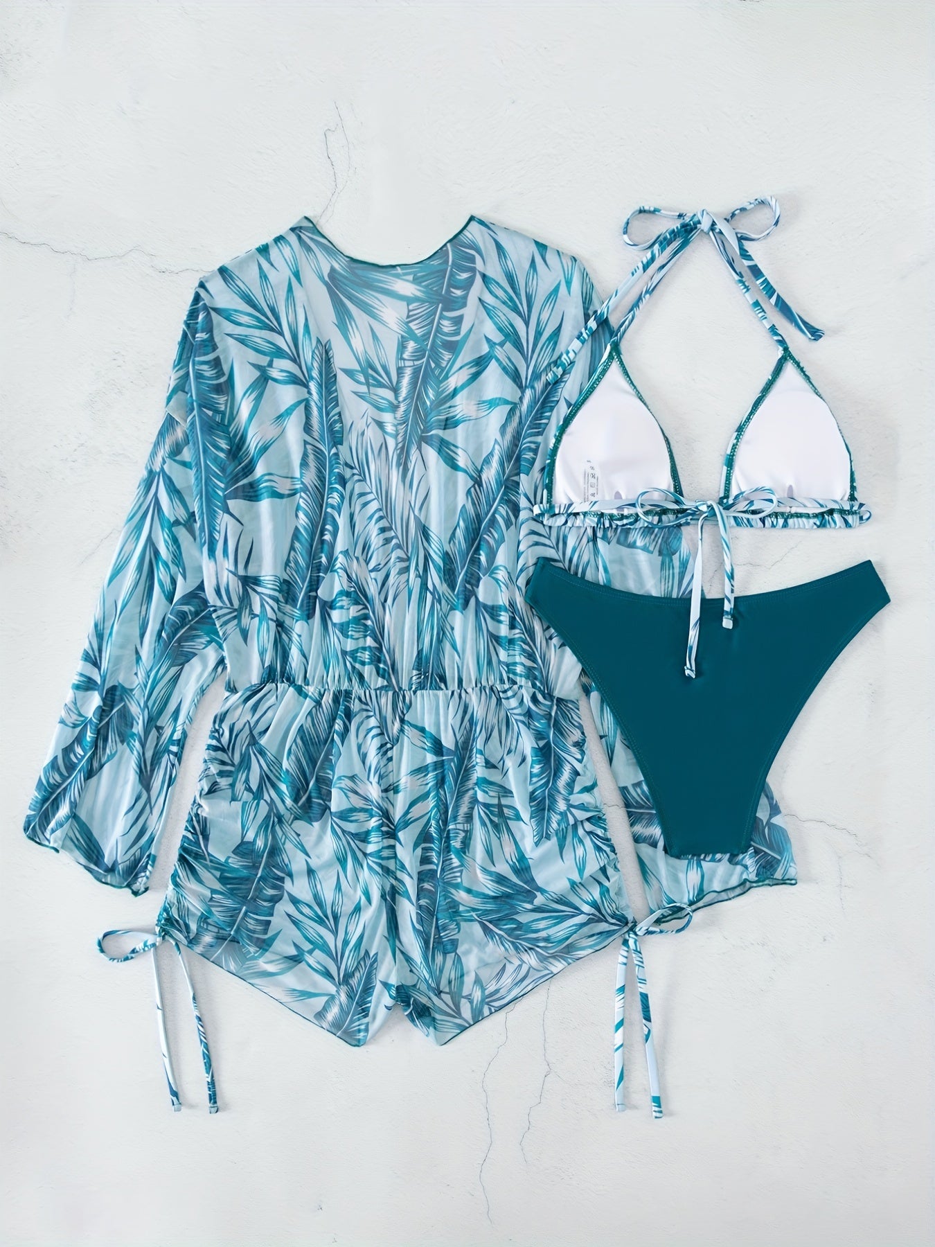 Leaf Print Bikini Set Halter Triangle Tie High Cut With Cover Up Swimsuit
