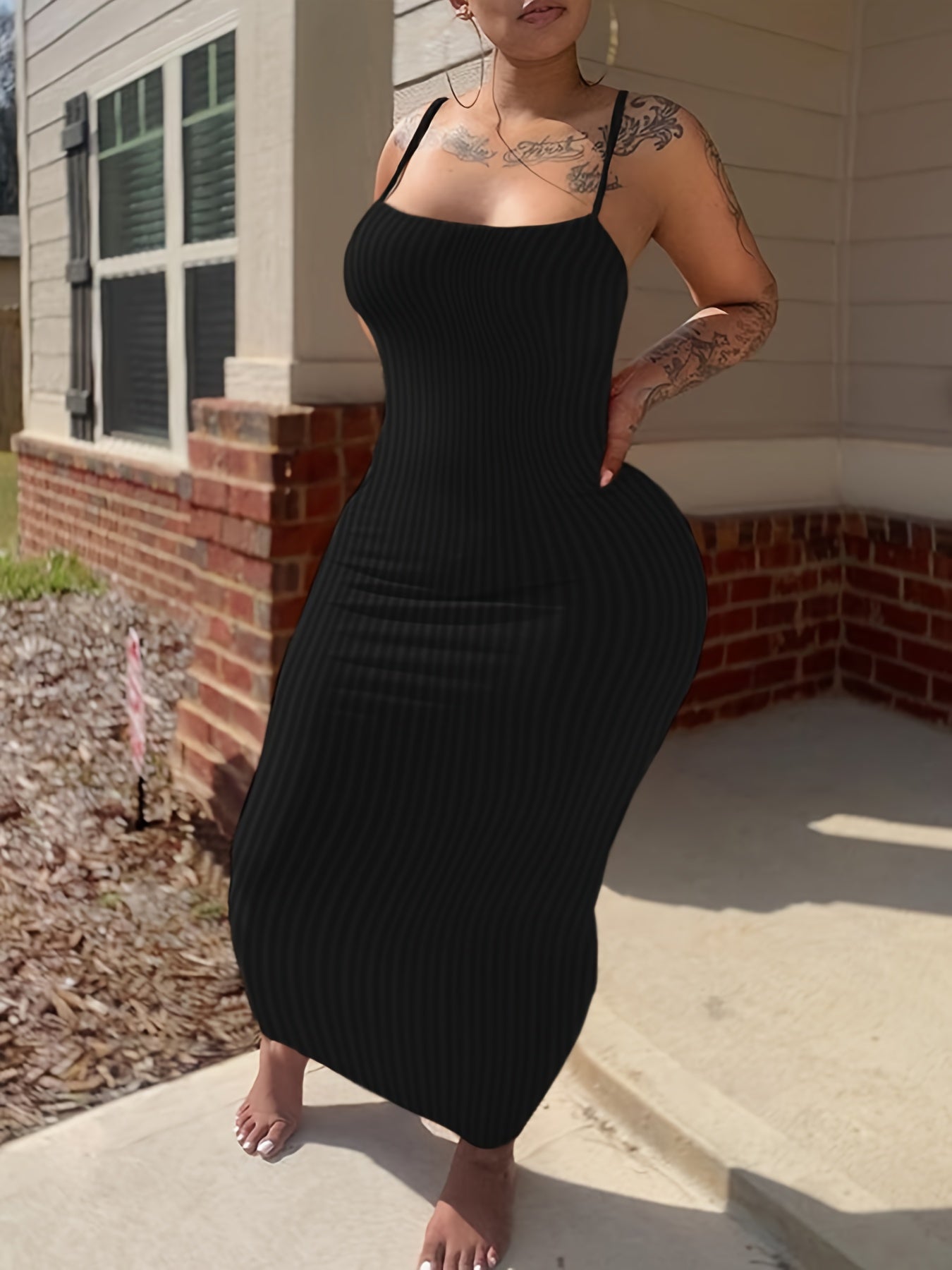  Solid Ribbed Cross Back Maxi Dress