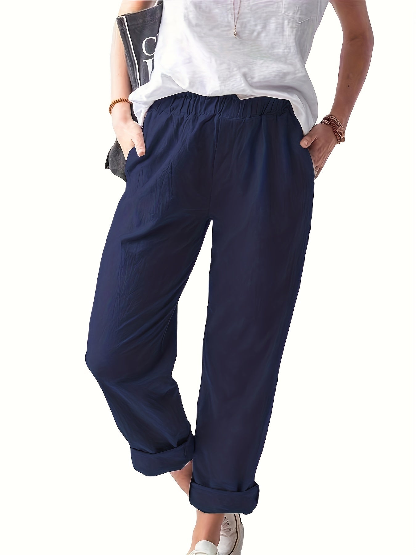 Women's Plus Solid High Rise Straight Leg Pants With Pockets