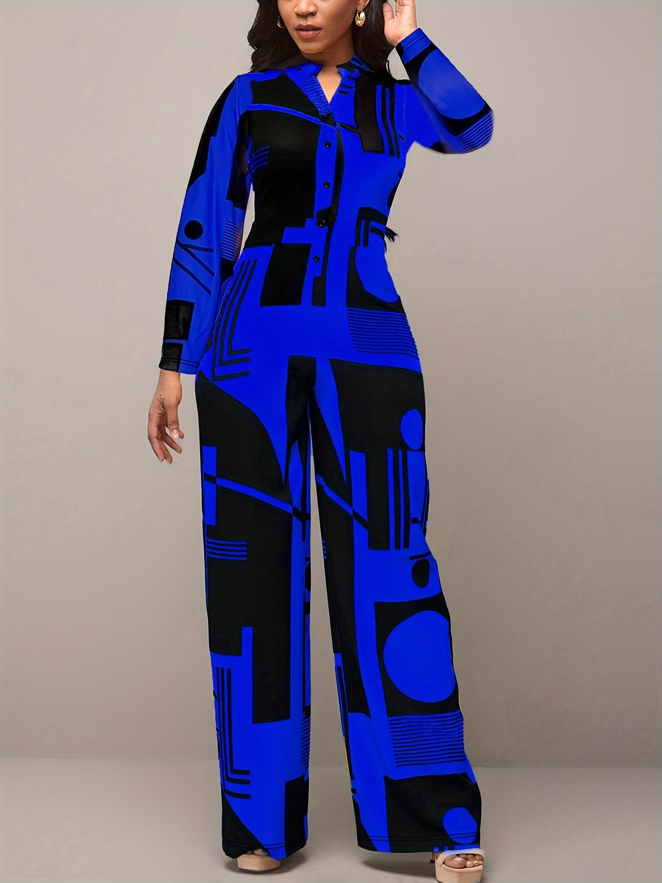 Plus Size Colorblock Geometric Print Wide Leg Jumpsuit