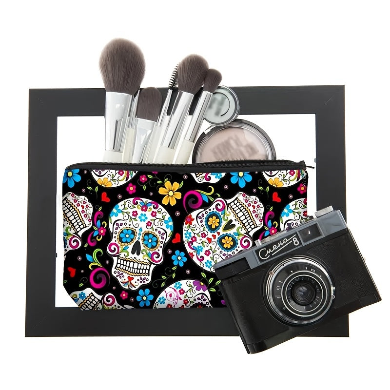 Flower Skull Zipper Storage Bag Lightweight Cosmetic Organizer