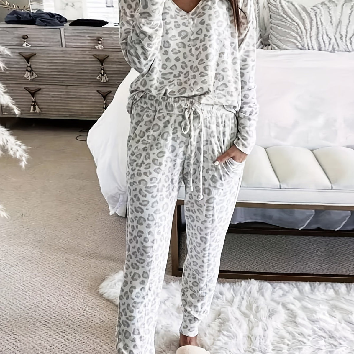 Leopard Print Lounge Set Long Sleeve V Neck Top & Lace Up Pants
