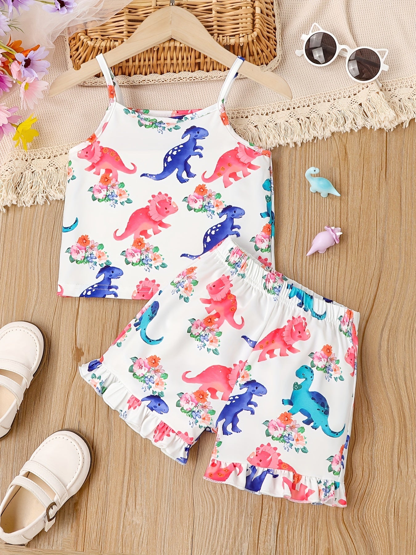 Girl's Dino Print Tank Top & Frilled Shorts Set