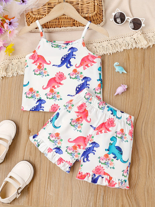 Girl's Dino Print Tank Top & Frilled Shorts Set