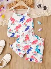 Girl's Dino Print Tank Top & Frilled Shorts Set