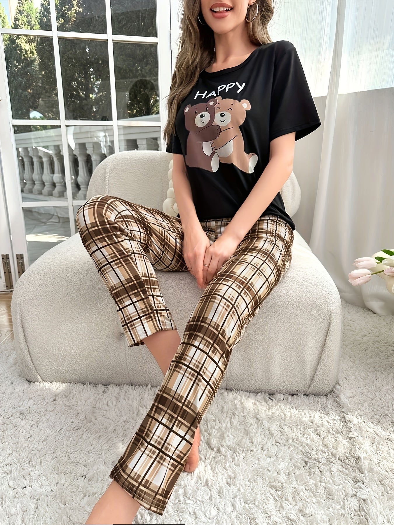 Cartoon Bear Print Pajama Set Short Sleeve T shirt & Cozy Plaid Print Long Pants