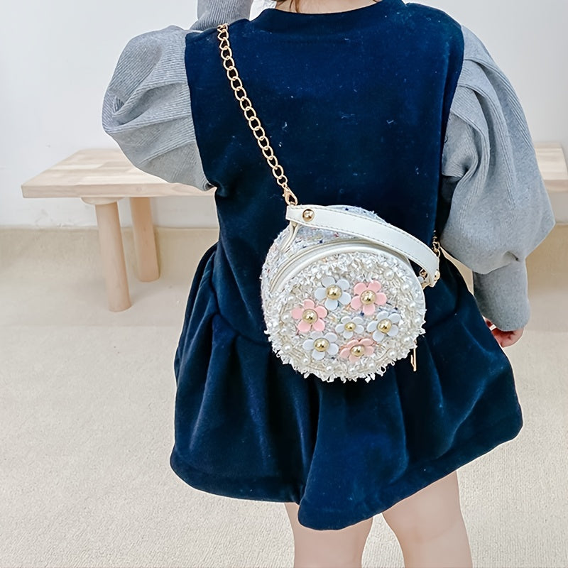 Girls Crossbody Bowknot Purse Pearl Flowers Handbags Shoulder Bag
