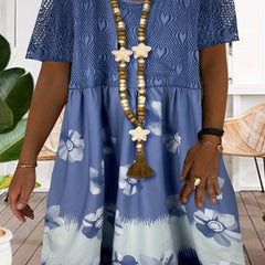  Casual Dress Women's Plus Floral Print Contrast Panel Dress