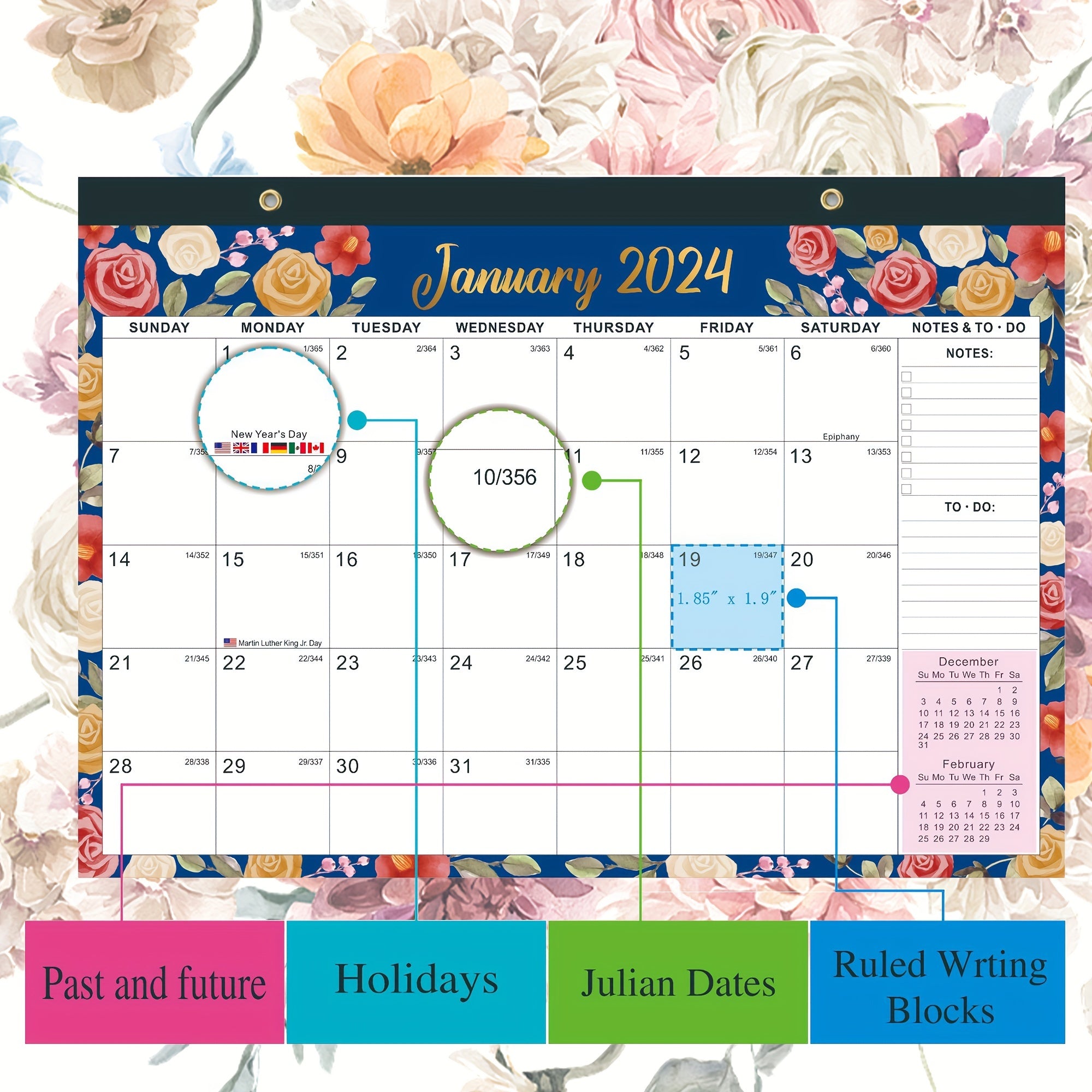 Large Grid Julian Dates Calendar January-June 18 Months